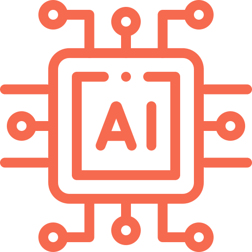 An orange line drawing of a microchip with the letters "AI" in the center, symbolizing artificial intelligence technology used in local optimization.