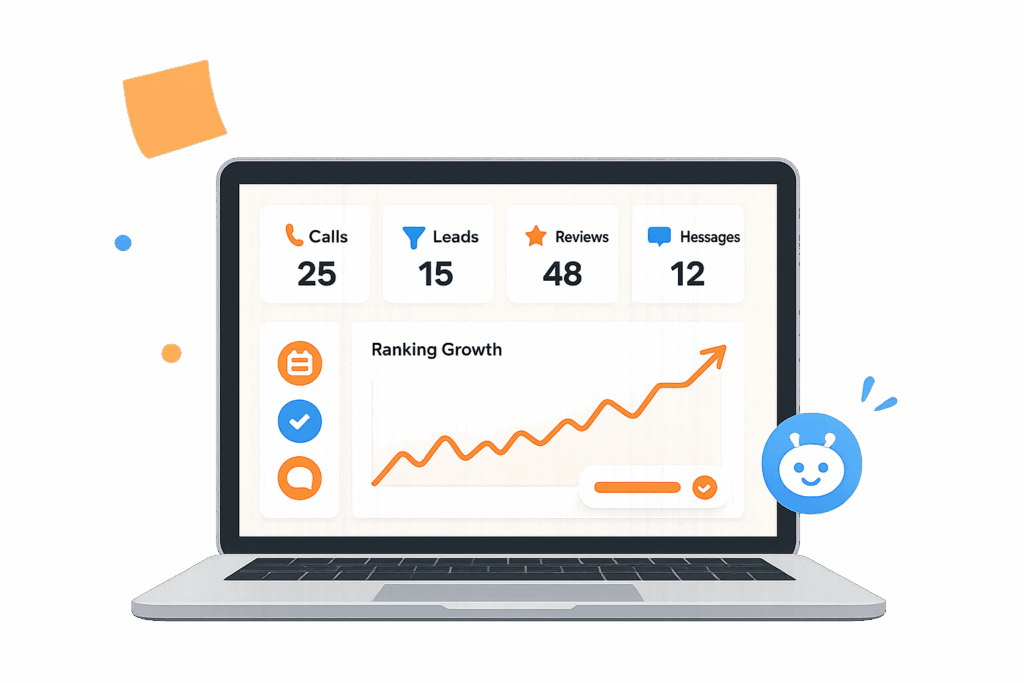 A laptop screen displays a dashboard showing calls (25), leads (15), reviews (48), messages (12), and a line graph indicating ranking growth&mdash;perfect for tracking GMB optimization, with orange and blue design elements.