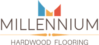 Logo for Millennium Hardwood Flooring featuring stylized geometric shapes above &ldquo;Millennium&rdquo; and &ldquo;Hardwood Flooring&rdquo; below&mdash;designed to enhance brand presence and support local optimization efforts.