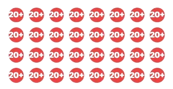 A grid of thirty red circles, each with the white text "20+" in the center, displayed on a light background, visually representing effective google optimization.