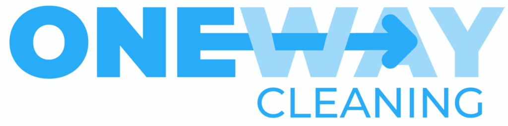Logo for "One Way Cleaning" with the word "ONEWAY" in bold blue letters; an arrow forms the horizontal bar of the "E," highlighting rightward motion, symbolizing effective local optimization and clean results.