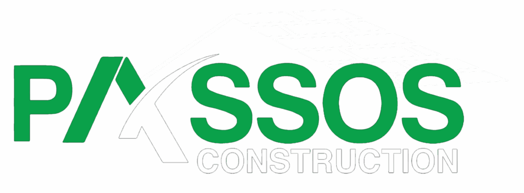 Green and white PASSOS Construction logo with stylized roof, perfect for showcasing your business in local optimization or Google optimization, and the word "CONSTRUCTION" in gray beneath the main text.