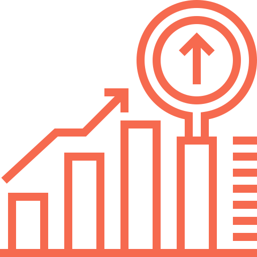 A red bar graph with an upward arrow and a target symbol above, representing growth or progress through local optimization.