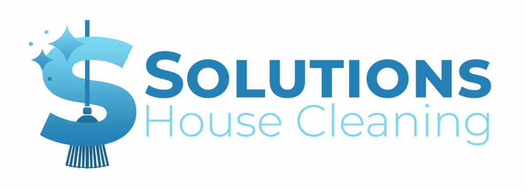 Logo for "Solutions House Cleaning" with a stylized blue letter "S" featuring sparkles and a broom, accompanied by the company name in bold light blue text&mdash;perfect for brands focused on local optimization.
