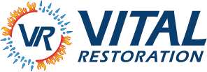 Vital Restoration logo featuring "VR" encircled by blue water drops and orange flames, with "VITAL RESTORATION" text to the right&mdash;perfect for brands focused on local optimization or GMB optimization.
