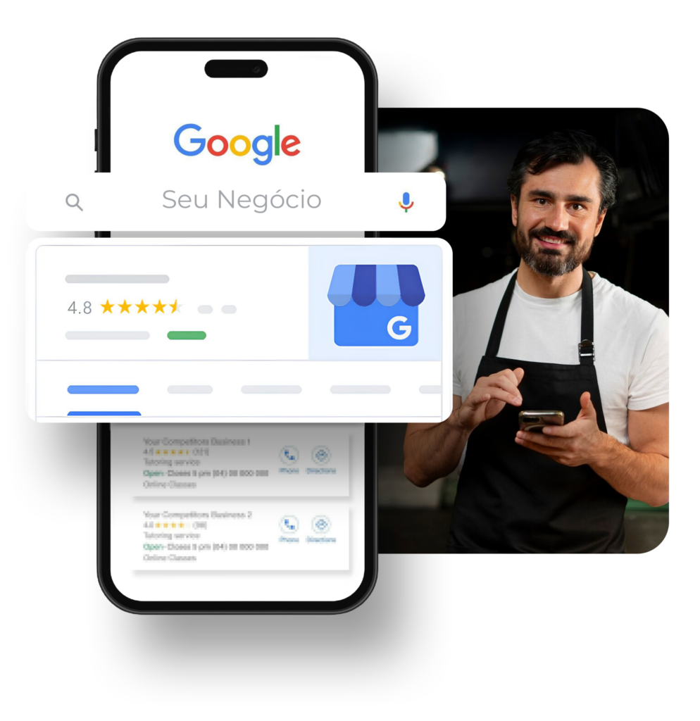 A smiling man in an apron uses his phone next to a smartphone displaying a Google business listing, showcasing the impact of local SEO for small businesses.