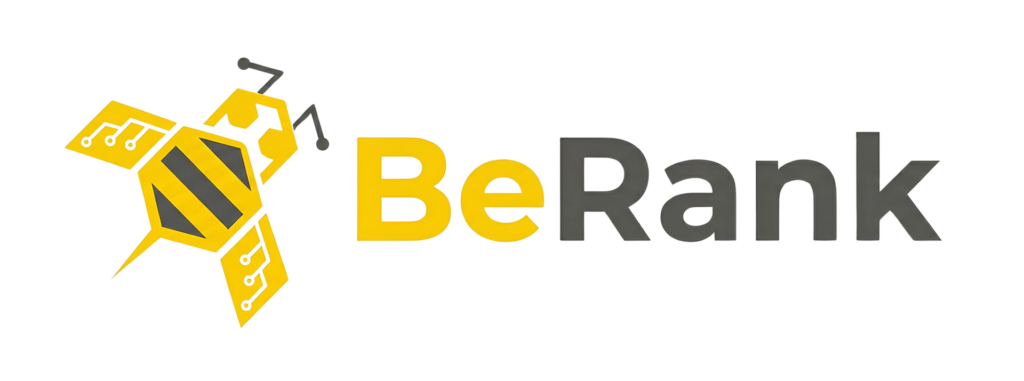 Logo with a bee made of music notes next to the text "BeRank" in yellow and gray letters.