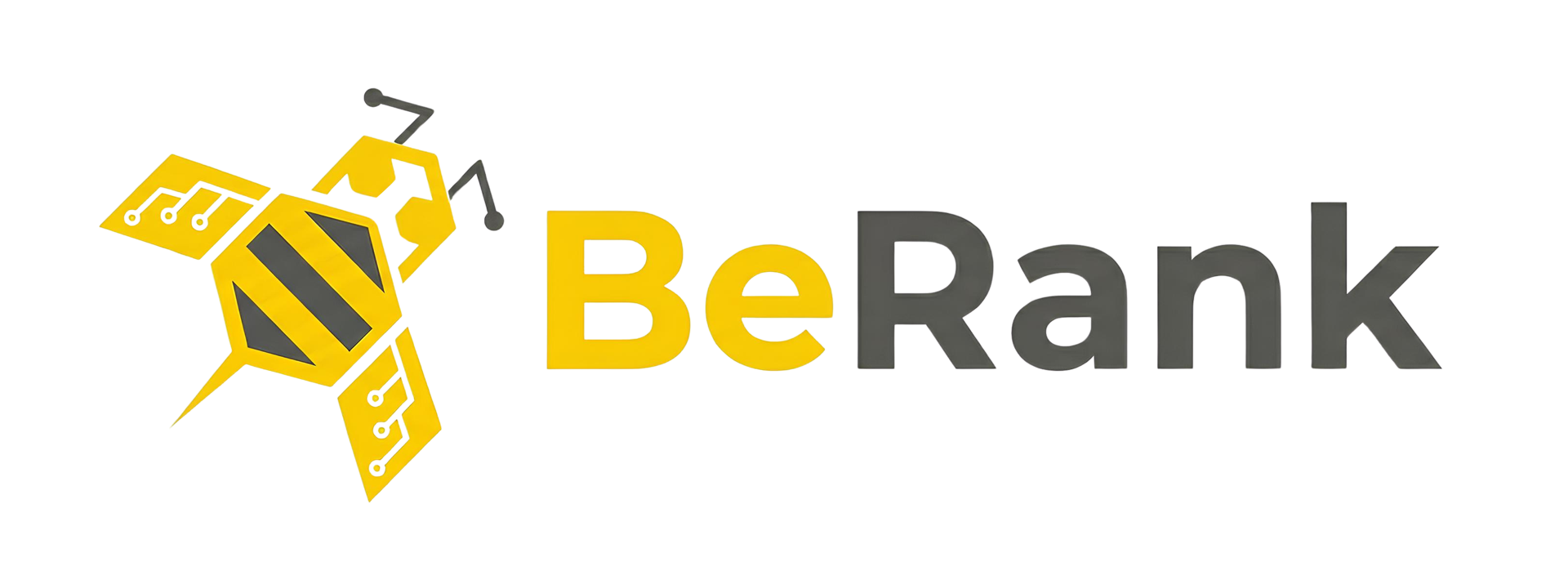 Logo with a bee made of music notes next to the text "BeRank" in yellow and gray letters.
